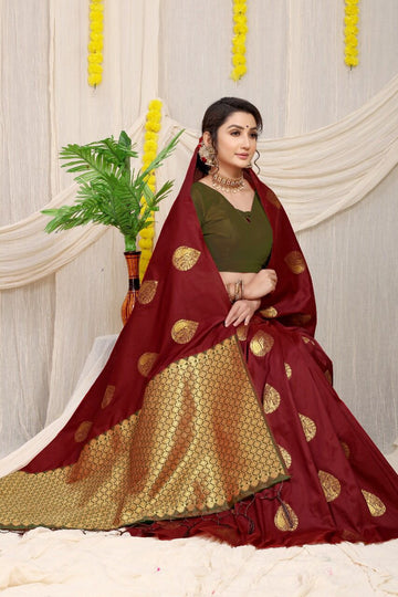 Sensational Maroon Banarasi Silk Saree With Adorable Blouse Piece