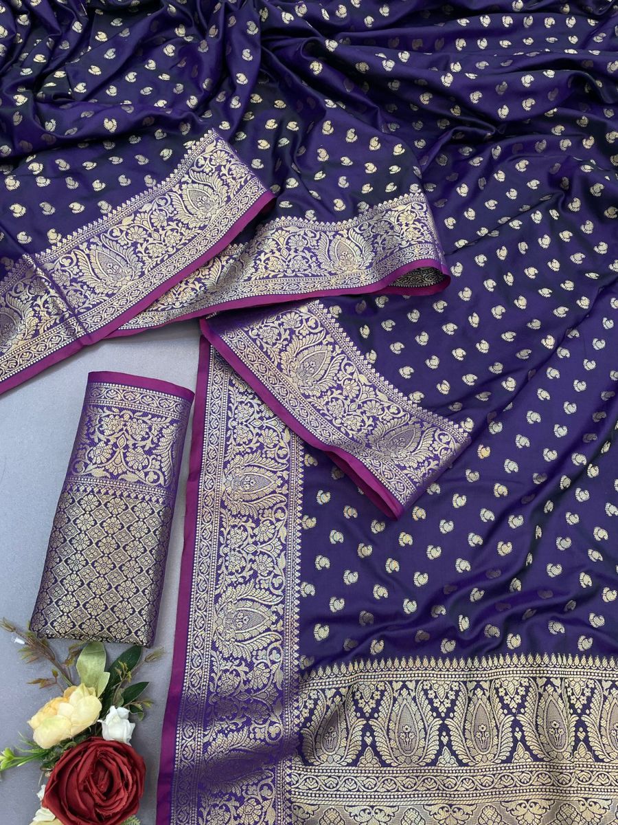 Assemblage Purple Banarasi Satin Silk Saree With Embrocation Blouse