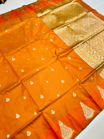 Enchanting Orange Soft Banarasi Silk Saree With Luxuriant Blouse Piece