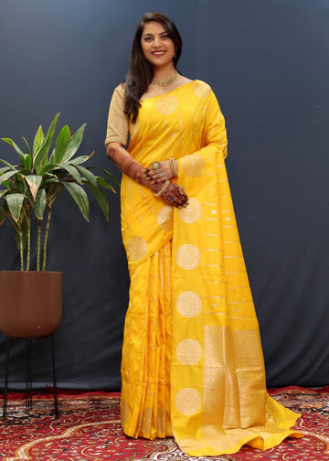 Gratifying Yellow Soft Banarasi Silk Saree With Felicitous Blouse Piece