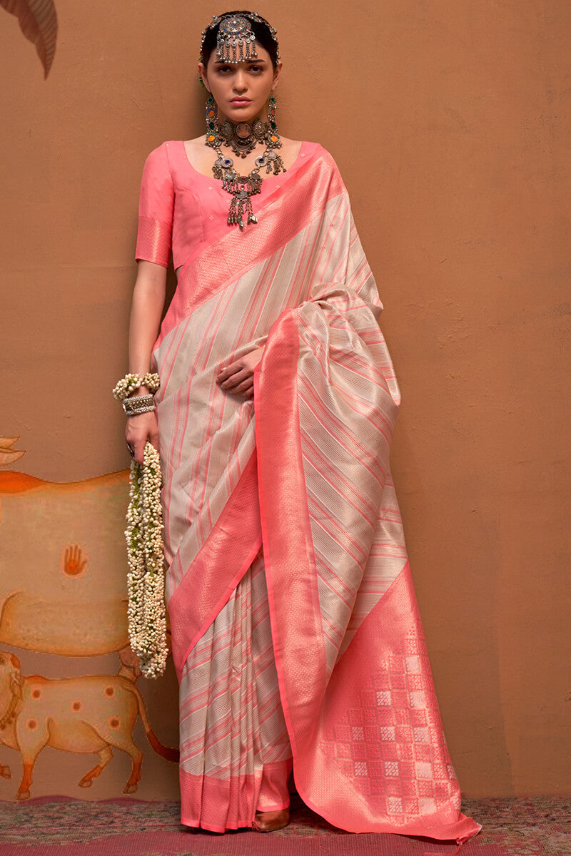 Smashing Beige Soft Banarasi Silk Saree With Tremendous Blouse Piece