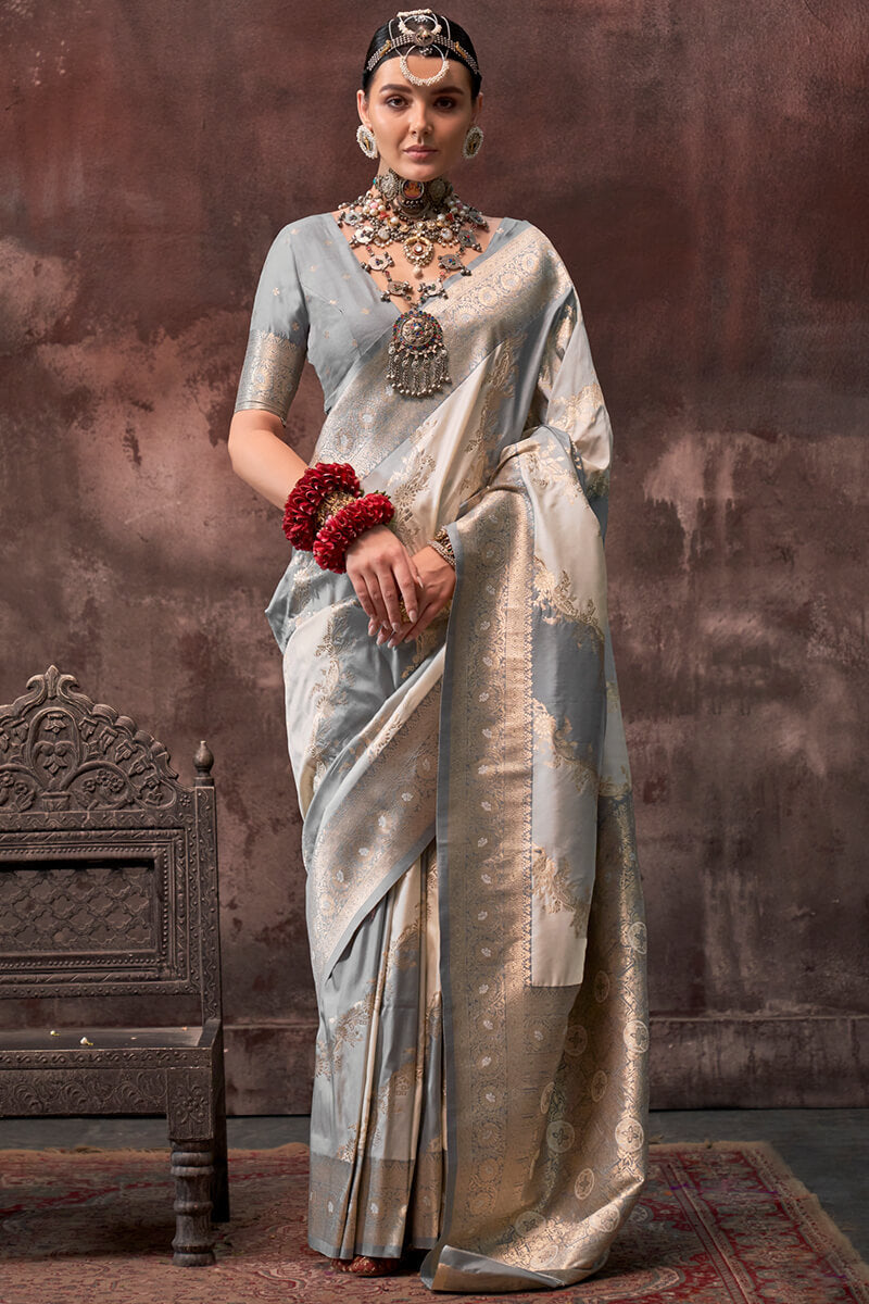 Delectable Grey Soft Banarasi Silk Saree With Tempting Blouse Piece