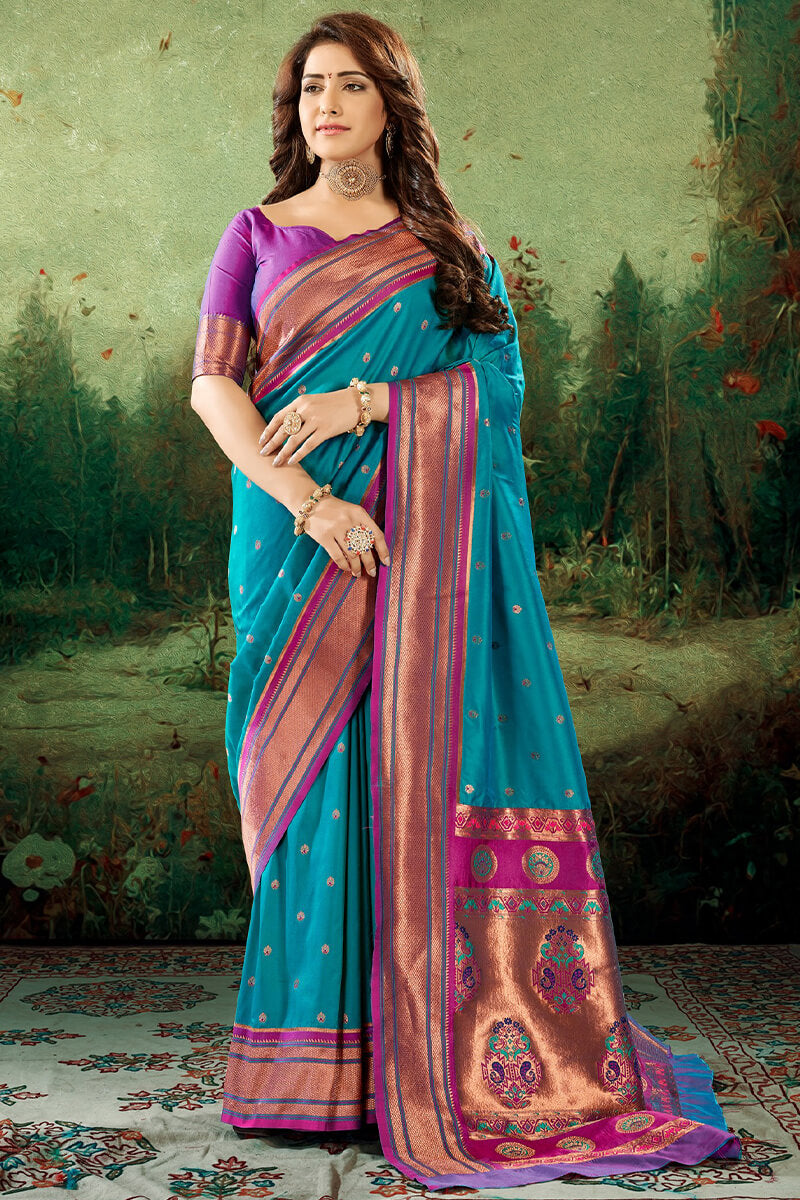 Forbearance Firozi Paithani Silk Saree With Redolent Blouse Piece