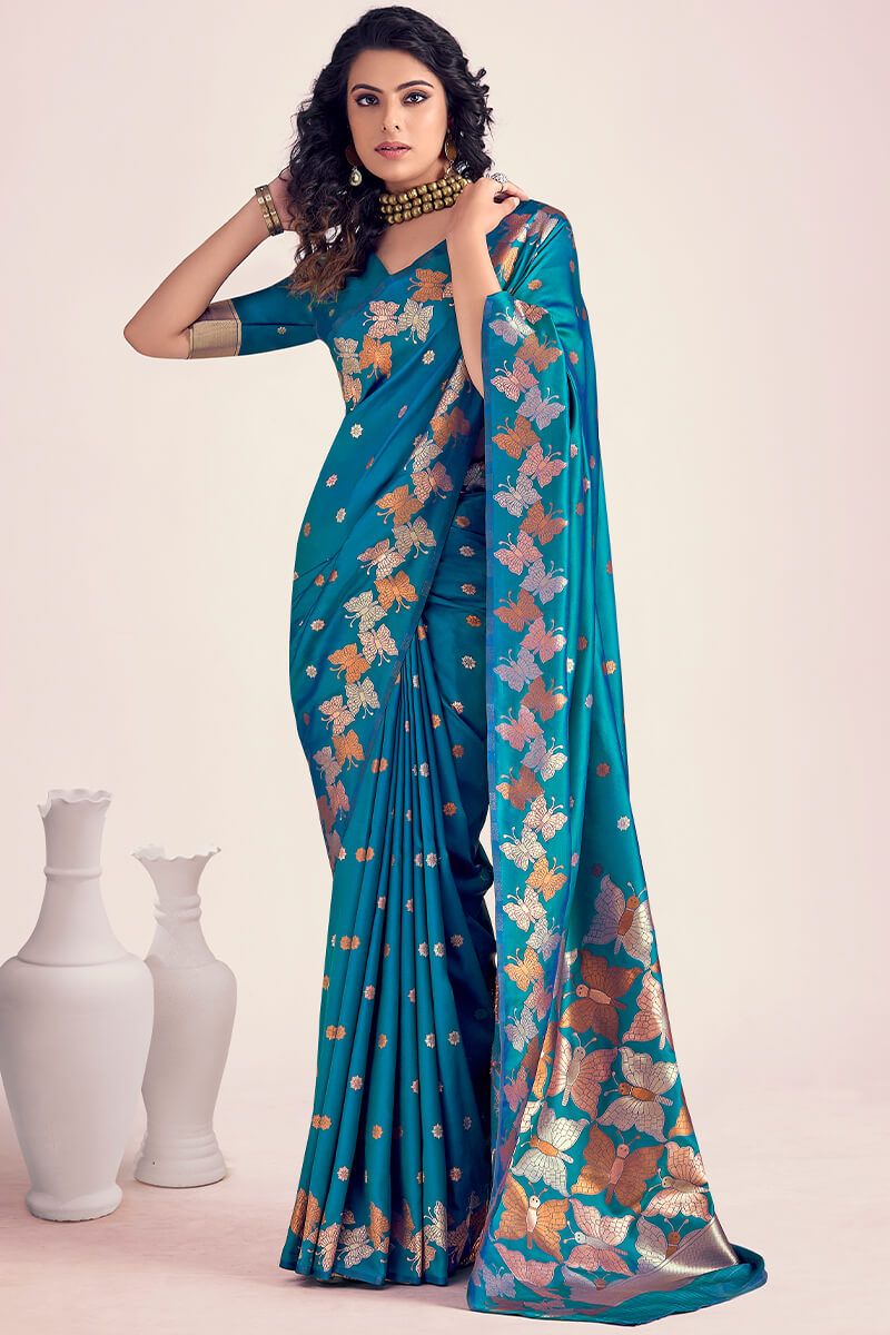 Trendy Blue Soft Banarasi Silk Saree With Flattering Blouse Piece