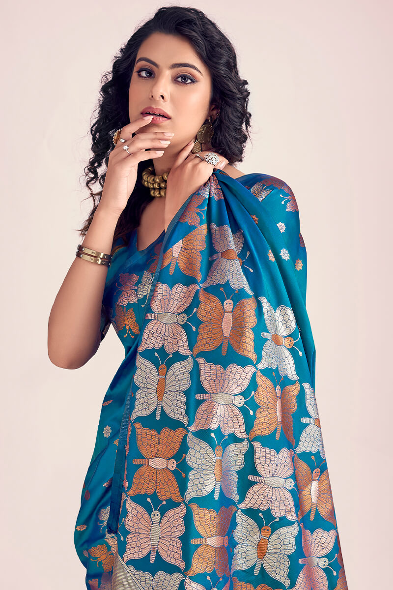 Trendy Blue Soft Banarasi Silk Saree With Flattering Blouse Piece