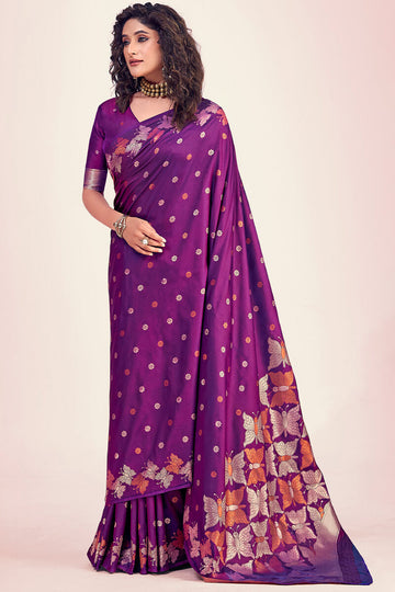 Pretty Purple Soft Banarasi Silk Saree With Amazing Blouse Piece