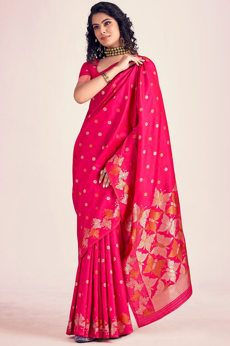 Sensational Dark Pink Soft Banarasi Silk Saree With Mesmerising Blouse Piece