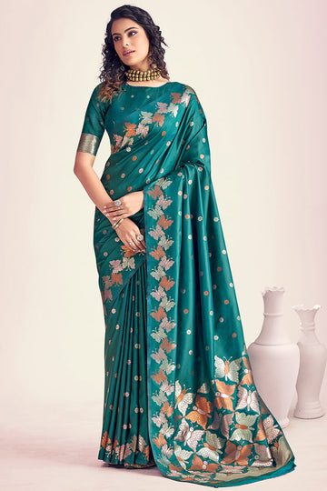 Unique Rama Soft Banarasi Silk Saree With Phenomenal Blouse Piece