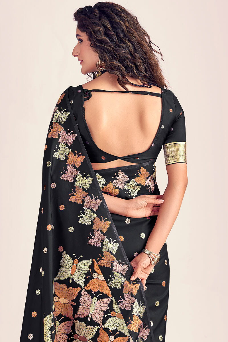 Eye-catching Black Soft Banarasi Silk Saree With Blooming Blouse Piece