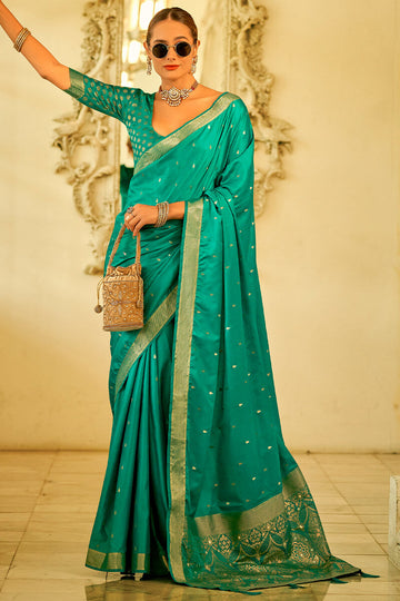 Quintessential Sea Green Banarasi Satin Silk Saree With Moiety Blouse Piece