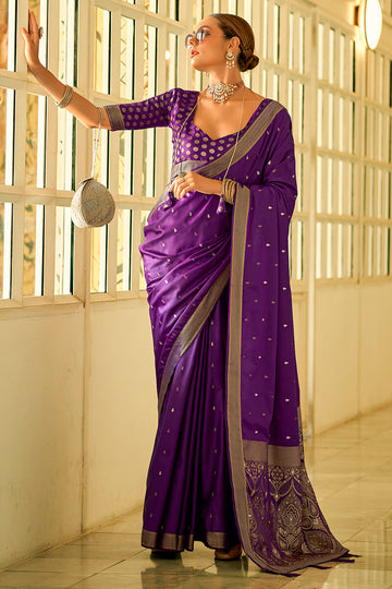 Brood Purple Banarasi Satin Silk Saree With Comely Blouse Piece