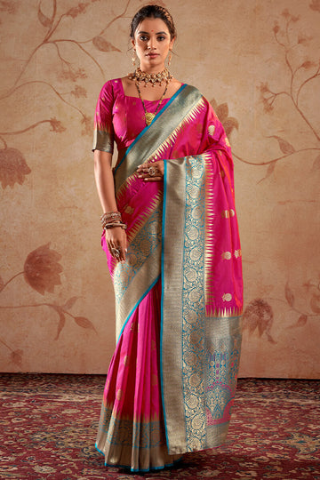 Gorgeous Dark Pink Soft Banarasi Silk Saree With Beautiful dBlouse Piece