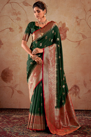 Classy Dark Green Soft Banarasi Silk Saree With Charming Blouse Piece