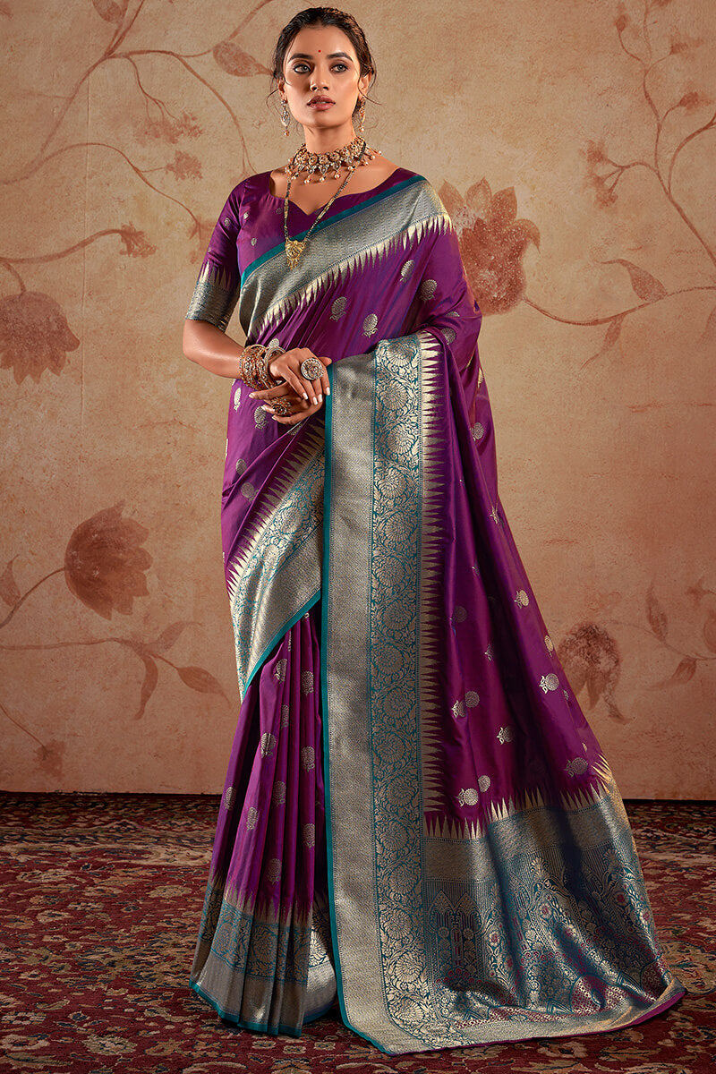 Assemblage Purple Soft Banarasi Silk Saree With Elision Blouse Piece