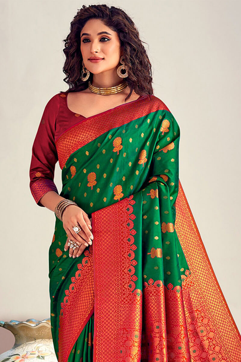 Fugacious Dark Green Soft Banarasi Silk Saree With Scintilla Blouse Piece