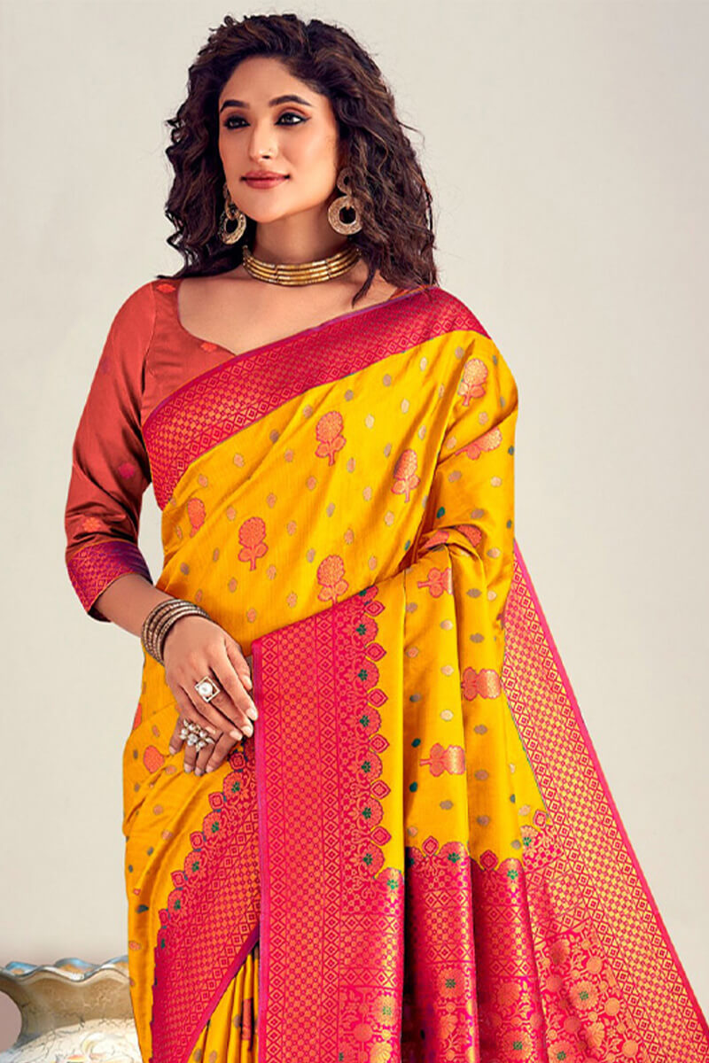 Amiable Yellow Soft Banarasi Silk Saree With Imaginative Blouse Piece