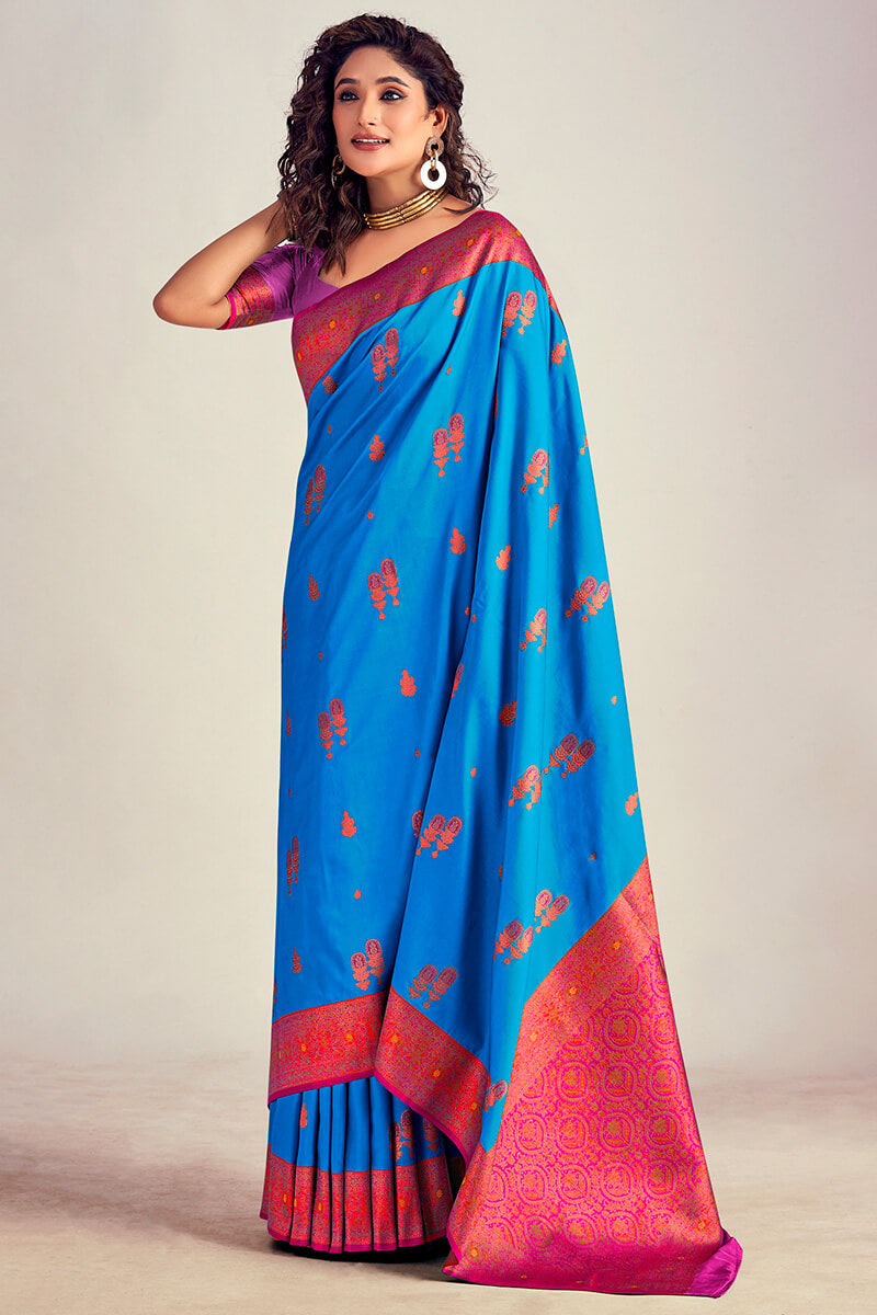 Demure Blue Soft Banarasi Silk Saree With Fairytale Blouse Piece