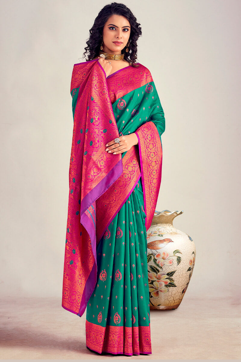 Stunning Rama Soft Banarasi Silk Saree With Precious Blouse Piece