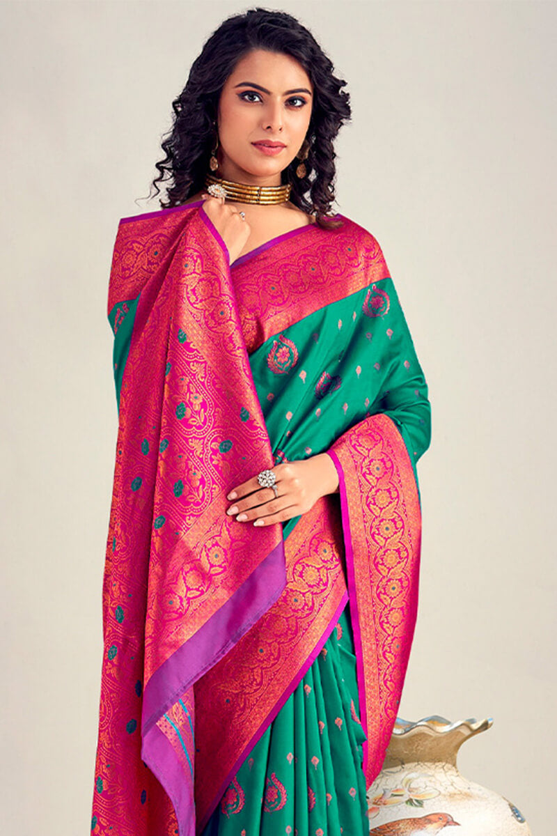 Stunning Rama Soft Banarasi Silk Saree With Precious Blouse Piece