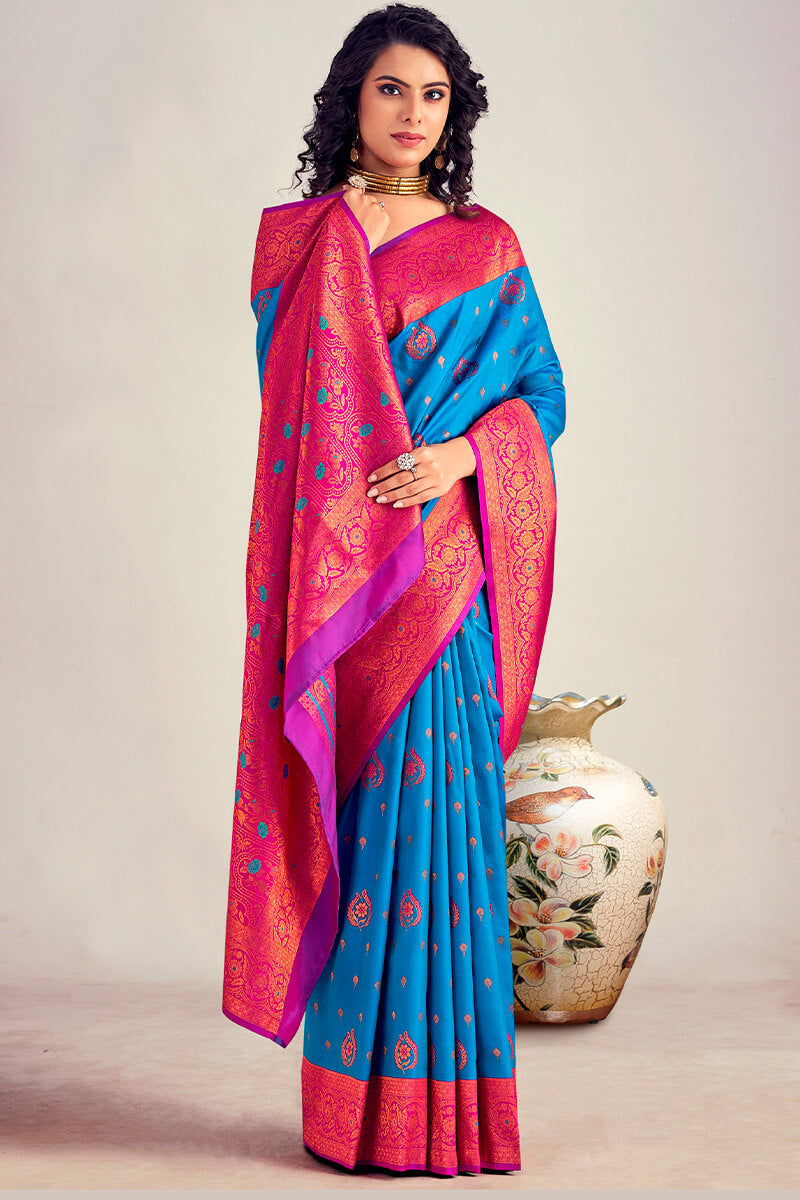 Adorning Blue Soft Banarasi Silk Saree With Beautiful Blouse Piece