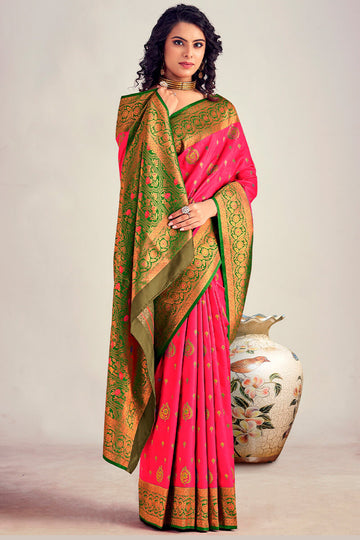 Adorable Pink Soft Banarasi Silk Saree With Captivating Blouse Piece