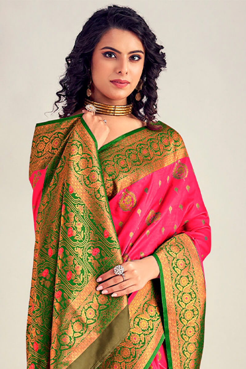 Adorable Pink Soft Banarasi Silk Saree With Captivating Blouse Piece