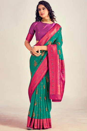 Ethnic Rama Soft Banarasi Silk Saree With Staring Blouse Piece