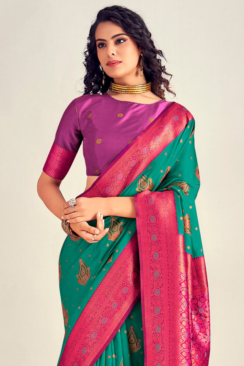 Ethnic Rama Soft Banarasi Silk Saree With Staring Blouse Piece