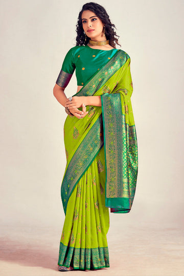 Refreshing Parrot Soft Banarasi Silk Saree With Designer Blouse Piece