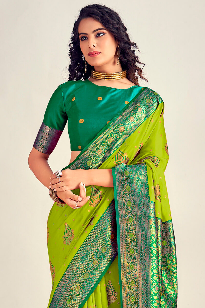 Refreshing Parrot Soft Banarasi Silk Saree With Designer Blouse Piece