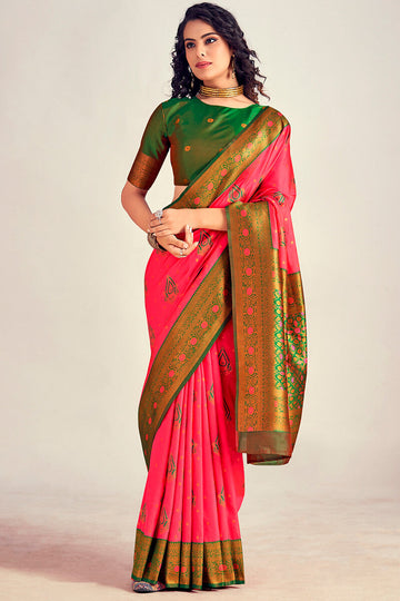 Adoring Pink Soft Banarasi Silk Saree With Beleaguer Blouse Piece