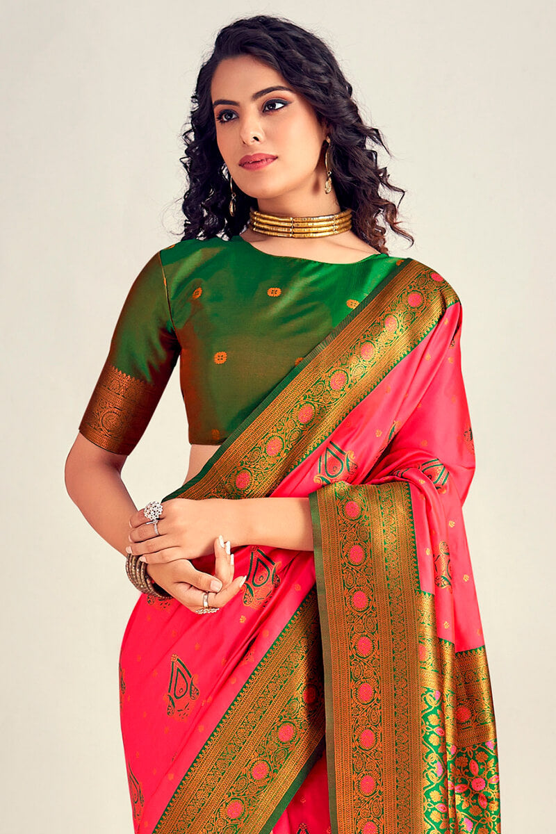 Adoring Pink Soft Banarasi Silk Saree With Beleaguer Blouse Piece