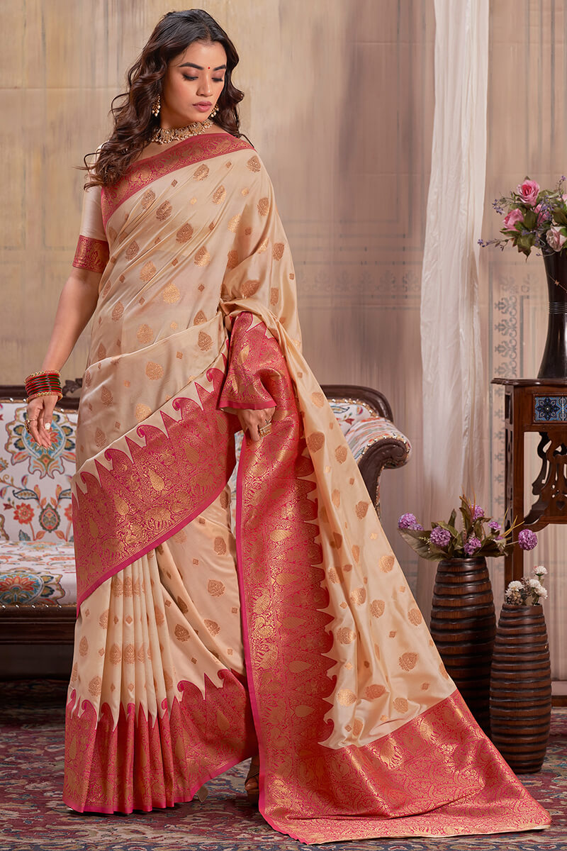 Susurrous Beige Soft Banarasi Silk Saree With Staggering Blouse Piece