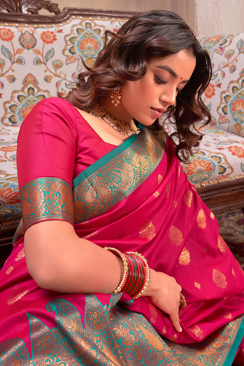 Majestic Dark Pink Soft Banarasi Silk Saree With Zephyr Blouse Piece