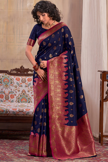 Ethereal Navy Blue Soft Banarasi Silk Saree With Eclat Blouse Piece