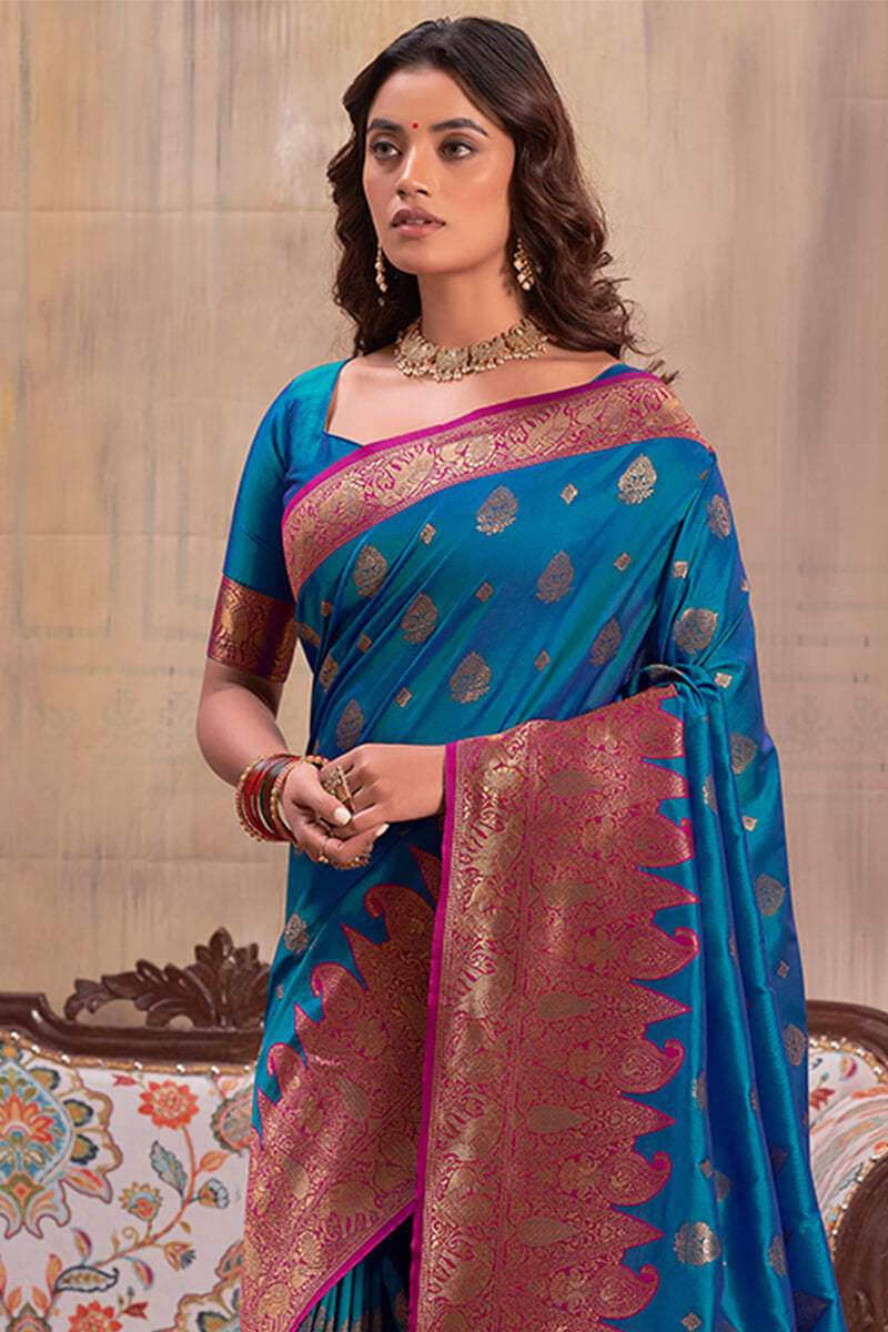 Splendorous Blue Soft Banarasi Silk Saree With Incredible Blouse Piece