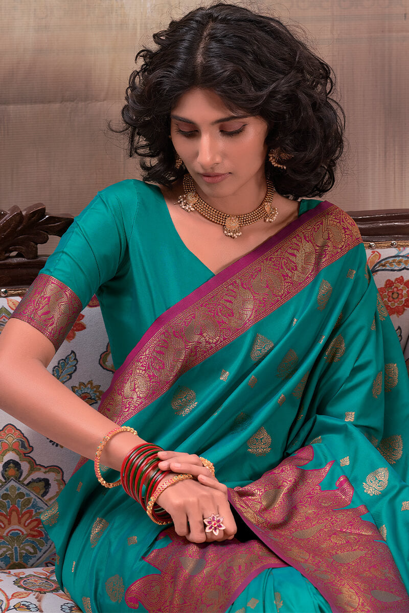 Ratatouille Rama Soft Banarasi Silk Saree With Staggering Blouse Piece