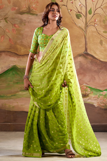 Extraordinary Parrot Georgette Banarasi Silk Saree With Gorgeous Blouse Piece