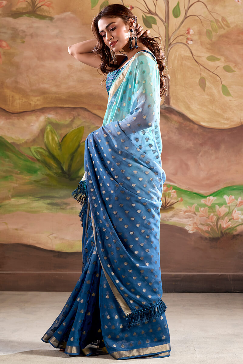 Appealing Blue Georgette Banarasi Silk Saree With Opulent Blouse Piece