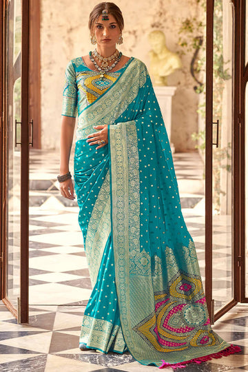 Prominent Firozi Soft Banarasi Silk Saree With Mesmeric Blouse Piece