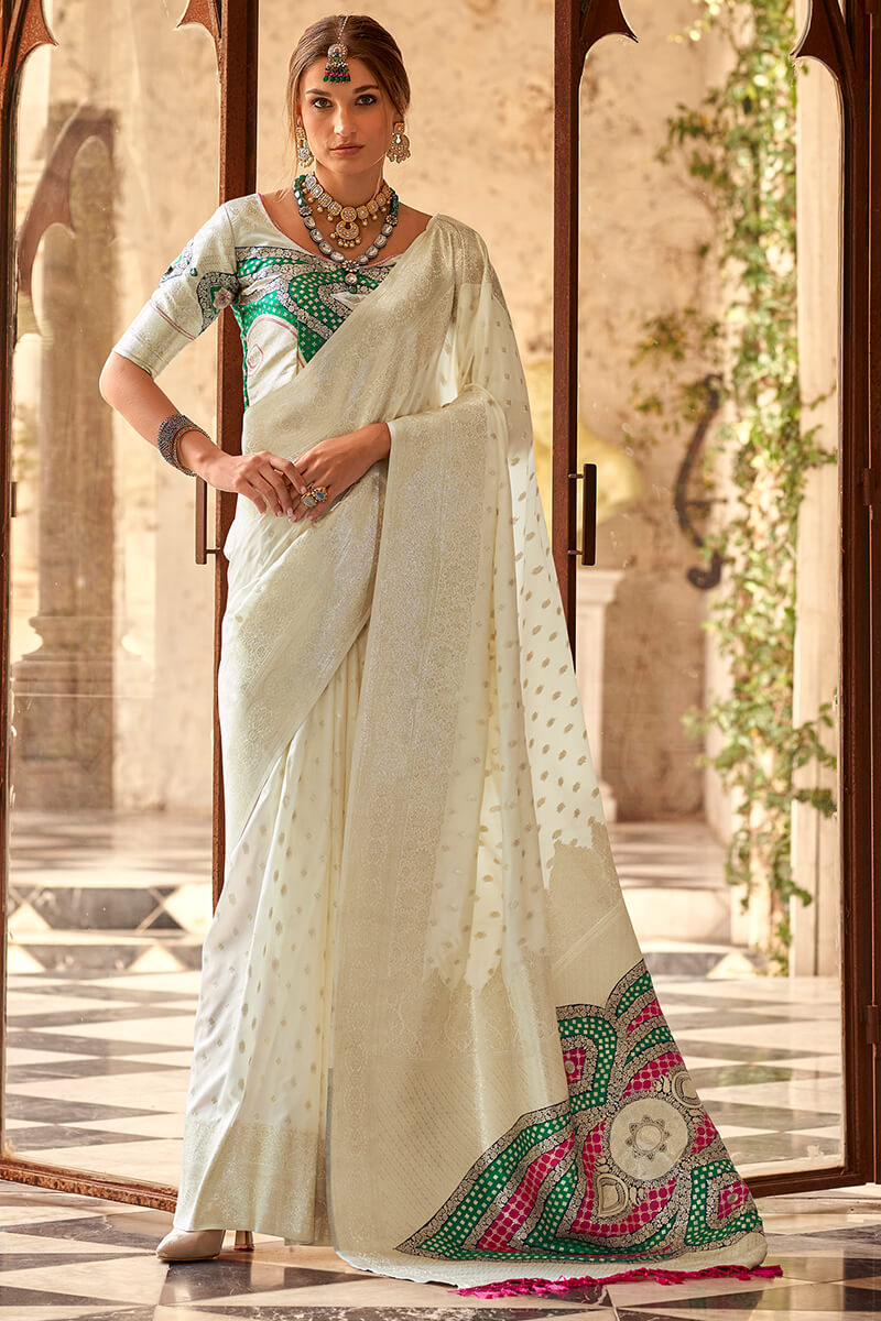 Gossamer Beige Soft Banarasi Silk Saree With Sempiternal Blouse Piece