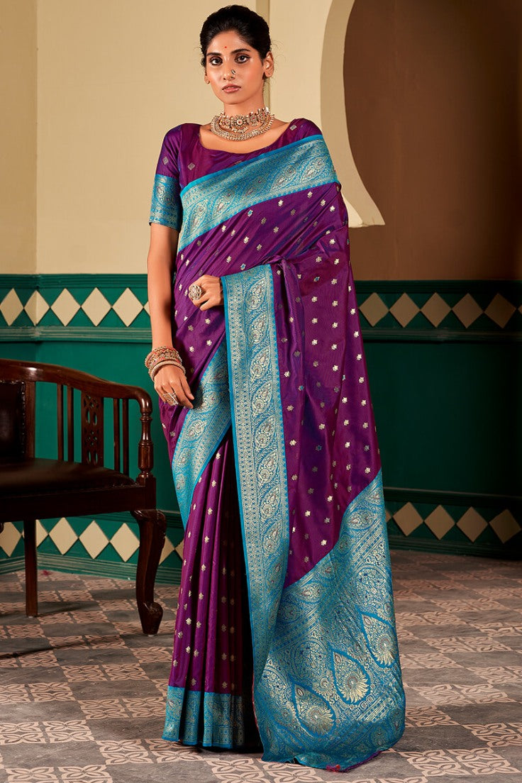 Traditional Purple Soft Banarasi Silk Saree With Assemblage Blouse Piece