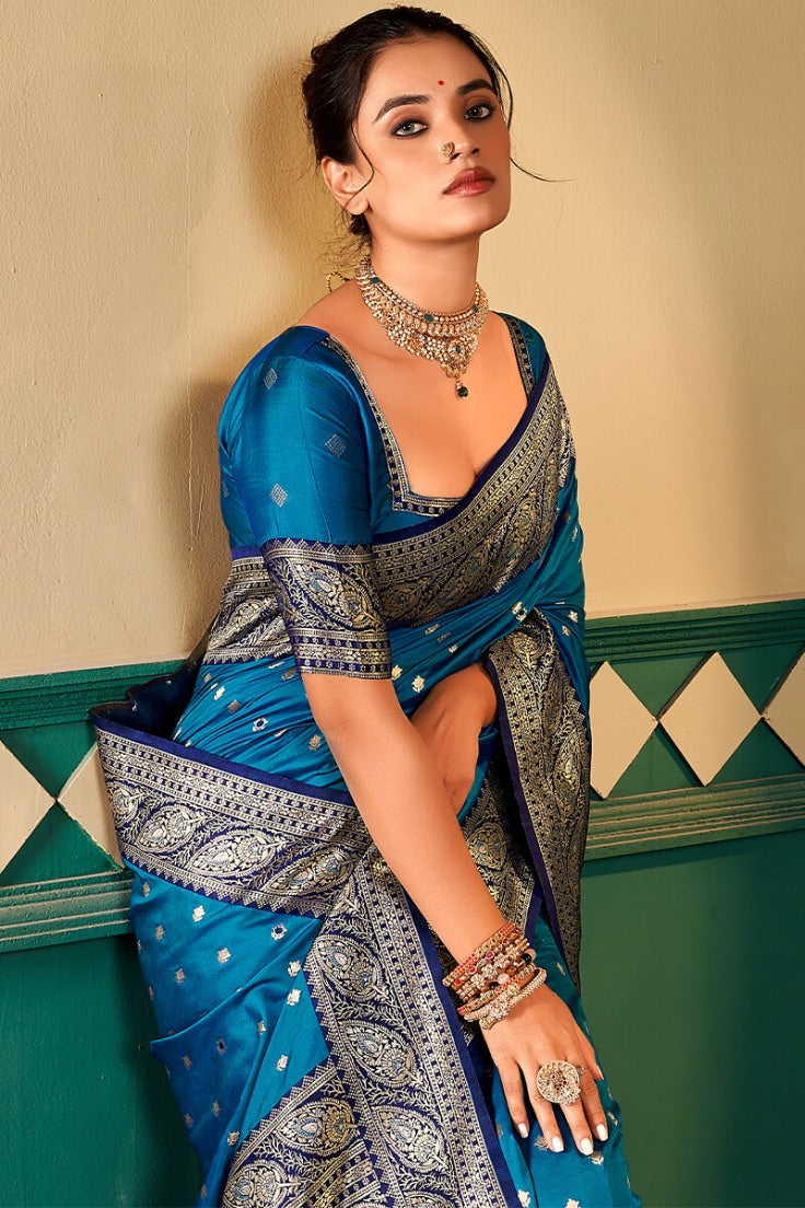 Brood Blue Soft Banarasi Silk Saree With Ebullience Blouse Piece