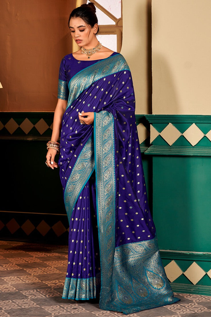 Fragrant Navy Blue Soft Banarasi Silk Saree With Exuberant Blouse Piece