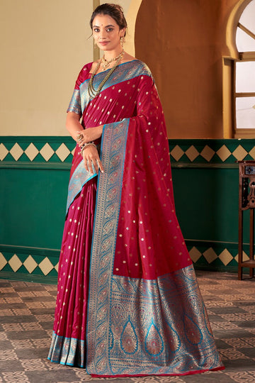 Resplendent Maroon Soft Banarasi Silk Saree With Majestic Blouse Piece