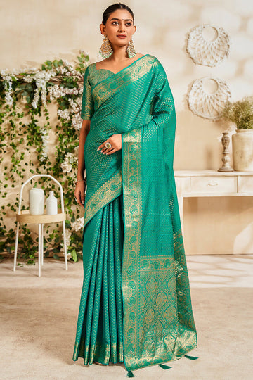 Vivacious Sea Green Soft Banarasi Silk Saree With Piquant Blouse Piece