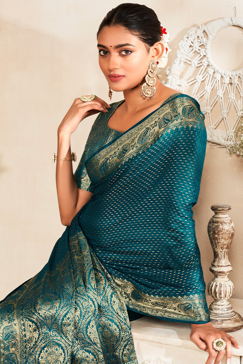 Gossamer Rama Soft Banarasi Silk Saree With Ailurophile Blouse Piece