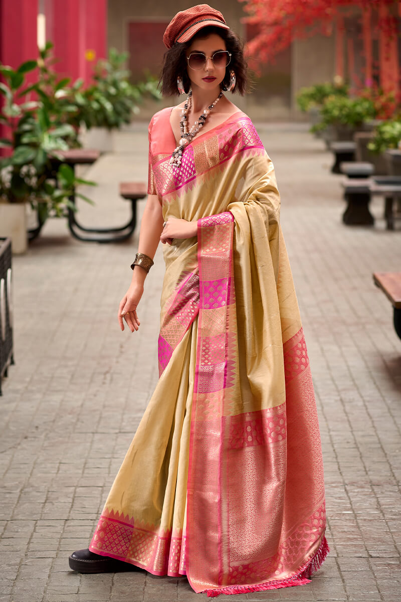 Smart Beige Soft Banarasi Silk Saree With Ethnic Blouse Piece