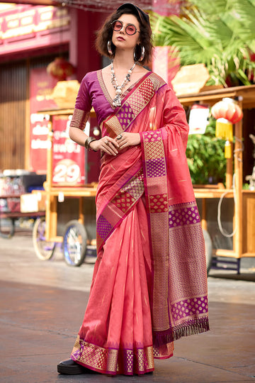 Flameboyant Pink Soft Banarasi Silk Saree With Inspiring Blouse Piece