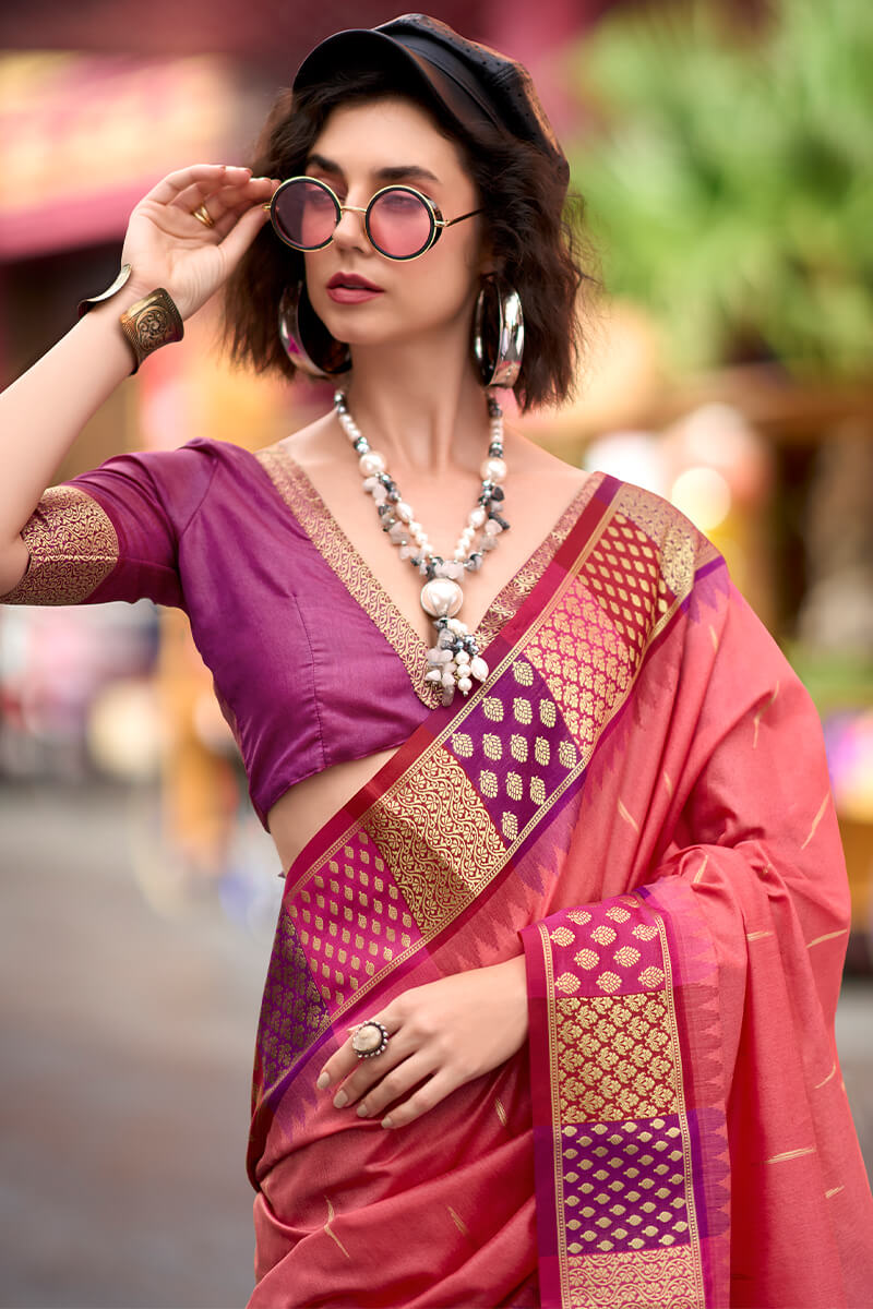 Flameboyant Pink Soft Banarasi Silk Saree With Inspiring Blouse Piece